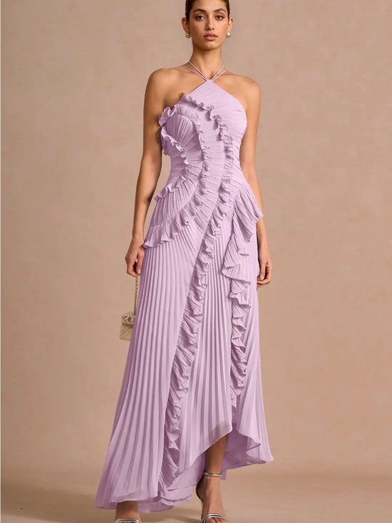 Azazie Dresses & Skirts - Azazie Lavender Asymmetrical Pleated Ruffle Halter Gown